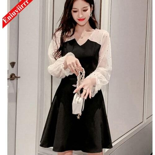2020 Autumn Fall Back Sheer Mesh Elegant Flared Dress Women High Waist Long Sleeve Ladies Basic Fit And Flare Short Dresses