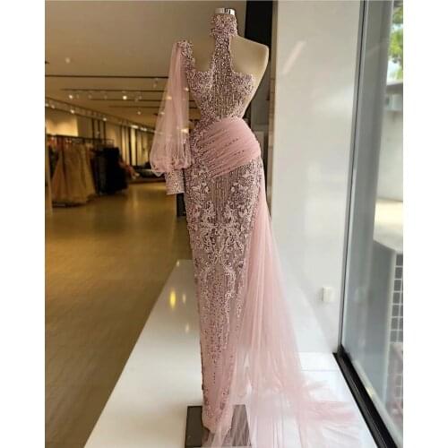 Pink Lace Beading Formal Evening Dresses 2021 Vintage Long SleevesPageant Prom Gowns For African Women Plus Size