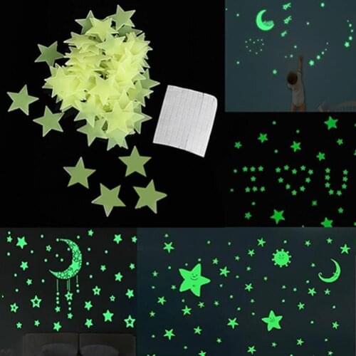 100 Pcs Glow Wall Stickers Baby Kids Room Space Stars Decor Home Ceiling Decal