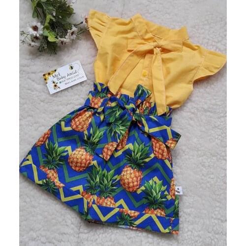 2PCS Summer Toddler Baby Kid Girl Clothes Sets Yellow Tops T Shirt Pineapple Print Shorts/Skirt Clothes 0-5Y