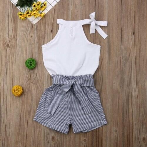 2021 Fashion Summer Girl Clothes Sets Toddler Kid Sleeveless Bandage T-shirt Tops Striped Shorts with Belt 2pcs Outfits for 2-7Y