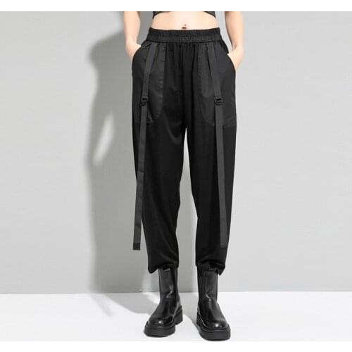 2021 New cool casual Harem pants mid waist fashion summer slim ribbon black Hip hop locomotive pants women Korean version