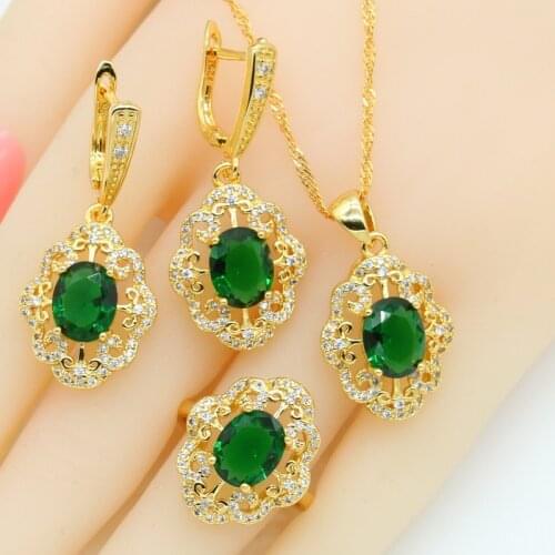 2021 Green White Stones Gold Color Jewelry Sets for Women Earrings Necklace Pendant Rings Gift Box