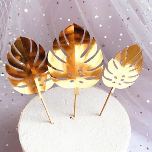 3pcs/set Sequin Tropical Plants Green Gold Monstera Leaves Cake Topper for Jungle Party Happy Birthday Cake Topper Baby Shower