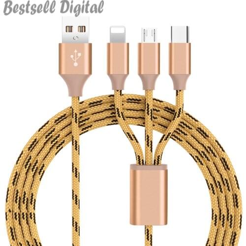 3 in 1 Micro USB Type-C 8 Pin Charging Cable For iPhone 12 11 Pro X Samsung Galaxy S9 Phone Charge Cable 1.2M Charger Cord Cable