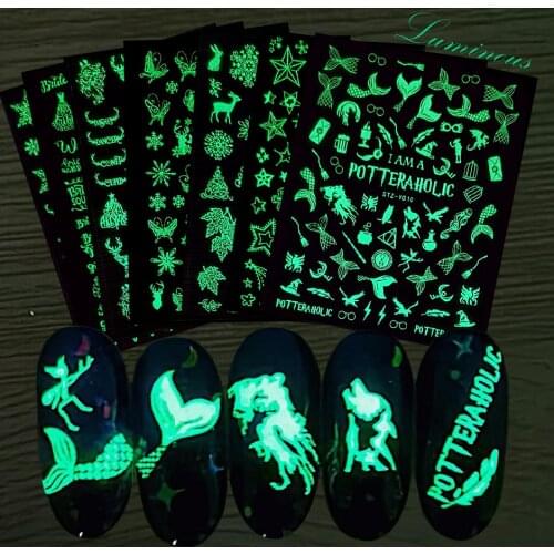 3D Mermaid Snowflakes Winter Sticker Glow in the dark Luminous Sliders Nail Art Decoration Christmas Accessories GLSTZY001-018