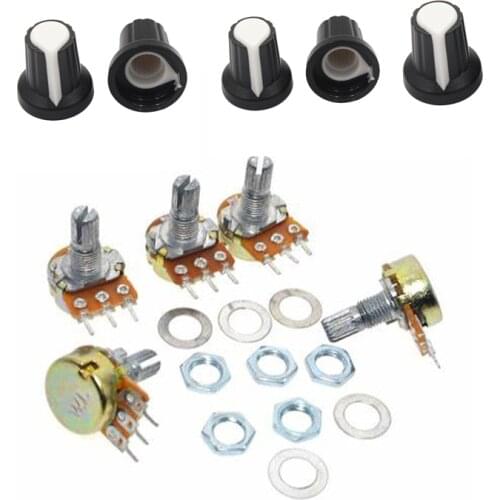 5pcs/lot WH148 potentiometer + knobs 15mm 3pin single potentiometer Light volume adjustment resistors set B1k B5K B10K B100K