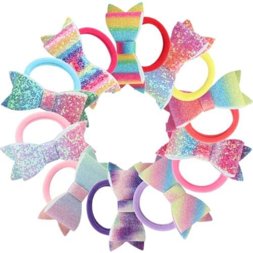 XIMA 10pcs/lot 2.8" Hair Bows Tie Children Girls Kids Children Rubber Band Glitter Rainbow Bows Hair Bands Headband