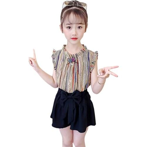 Children Summer Clothes Striped Vest + Short Clothes For Girls Appliques Girls Clothes Ruffles Childrens Tracksuit