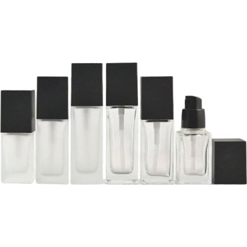 25 30 40ml 15pcs/lot Lotion Bottle Square Shape Clear/Frosted Glass Vials Empty Press Pump Bottle Travel Makeup Cosmetic Tool