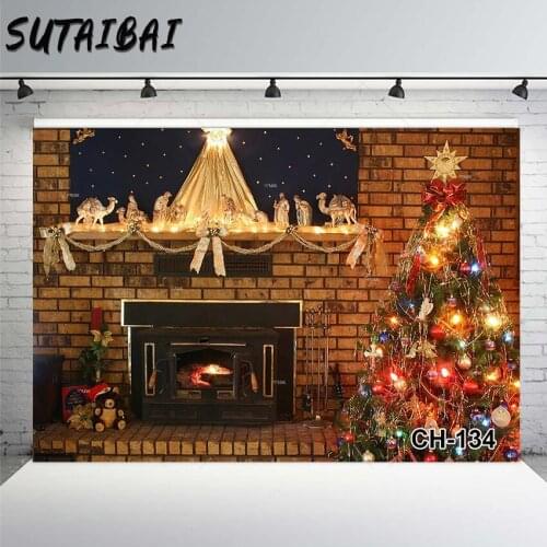 Winter Christmas Photography Backdrop Xmas Tree Fireplace Toy Gifts Photo Background Vintage Brick Wall Decor Children Portrait