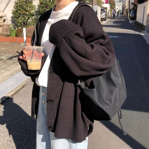 Korean Fashion Loose black cardigans Sweater Casual Long-sleeved V-neck Single-breasted clothes oversized Cardigan Sweater