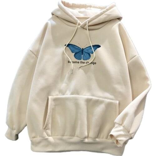 Korean Style EA Butterfly Print Hoodies Women Streetwear Leisure Pullovers Warm Kawaii Womans Loose Harajuku Sweatshirt Hooded