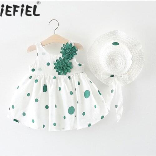 Summer Outfits Newborn Baby Girls Dress Toddler Kids Princess Party Flowers Dot Sleeveless Cotton Vest Dress with Sun Hats Sets