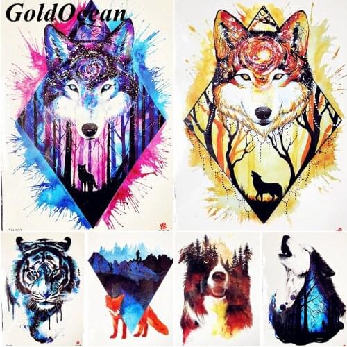 Hot WaterColor Geometric Yellow Fox Men Temporary Tattoo Cool Forest Tribe Blue Wolf Tattoo Sticker Starry Sky Women Tatoo Party