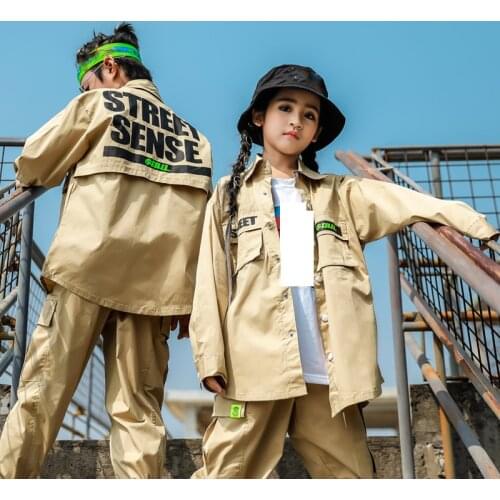 Fashion Hip Hop Dance Clothes For Kids Khaki Hiphop Suit Boys Girls Jazz Modern Dance Costumes Performance Street Wear DN6830