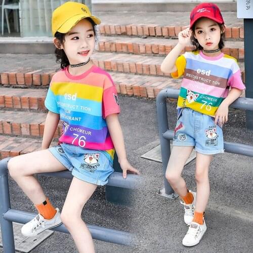 Fashion Girl Summer Sets Children Cotton O-Neck Lovely Cat Print Stripe Tops& Roll-Up Short Jeans Clothing Sets Child Clothes