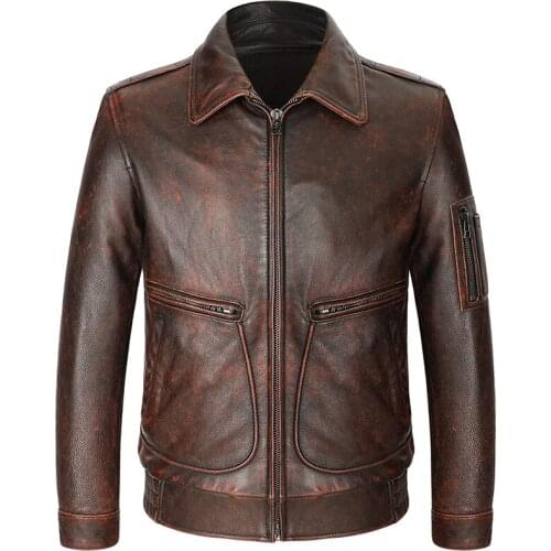 Mens Cowhide Jacket Head Layer Cowhide Brown Distressed Flight Suit Lapel Mens Retro Air Force Leather Jacket