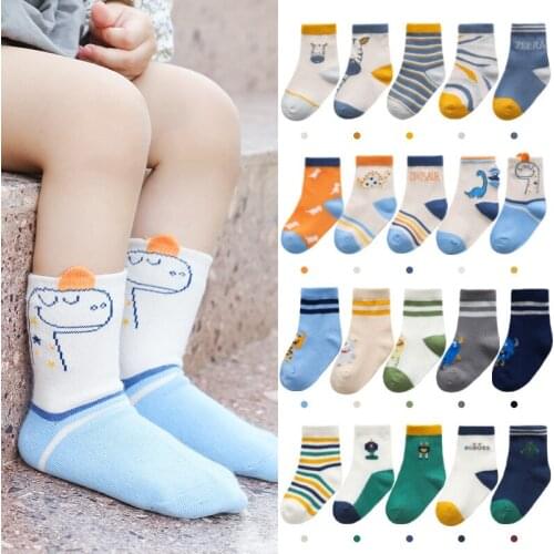 5 Pairs Baby Boys Winter Socks Cartoon Dinosaur Kids Spring Autumn Cotton Breathable Keep Warm Floor Anti-skid Girls Socks