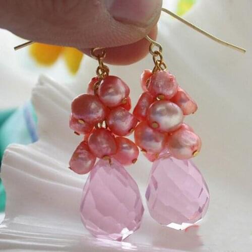 New Arrival Favorite Pearl Jewelry 18mm Pink Drip Faceted Crystal Pearl 14K/20 Gold Hook Dangle Earrings Charming Lady Gift