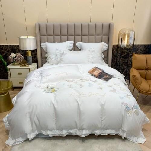 New Luxury 80S Egyptian Cotton Butterfly Embroidery Princess Bedding Set Ruffles Duvet Cover Quilt Cover Bed Linen Pillowcases
