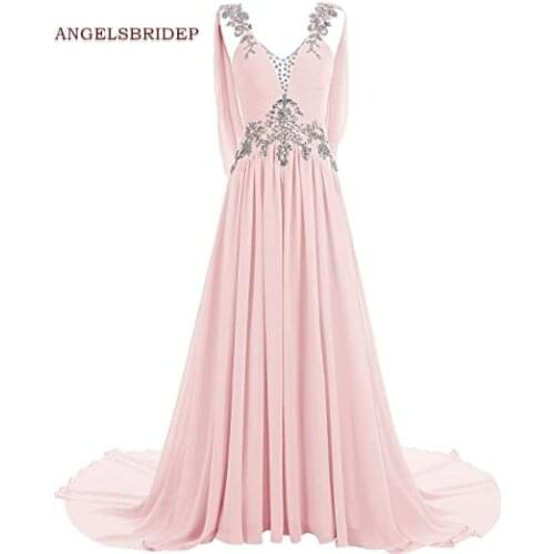 ANGELSBRIDEP Cap Shoulder Prom Dresses Vestidos de festa Chiffon Crystal Floor-Length Formal Evening Party Gowns Hot Sale