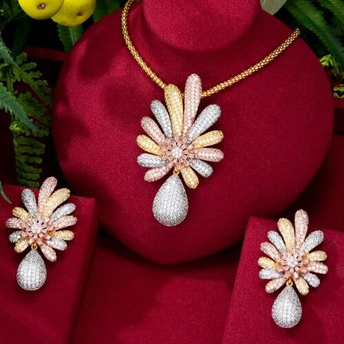 GODKI Luxury 2PCS Flower Leaf Necklace Earring Set Dubai Wedding Jewelry Sets Engagement brincos para as mulheres 2022
