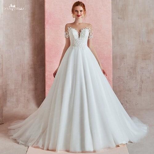 RSW1589 Illusion O Neckline Off The Shoulder Short Sleeves Lace Sequin Glitters Shine Appliques Tulle Ball Gown Wedding Dresses