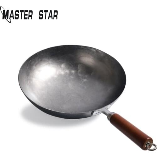 Master Star 32/34CM Traditional Handmade Wok Old-fashioned Iron Wok Without Coating Non-stick Gas Cooker Wok Cookware Pot