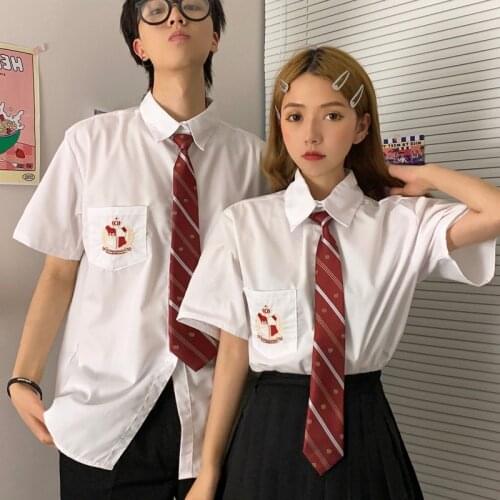 Japanese School Uniform Summer Red Tie Embroidery White Shirts Fashion Solid Color Pleated Skirt College Style Couple Clothing