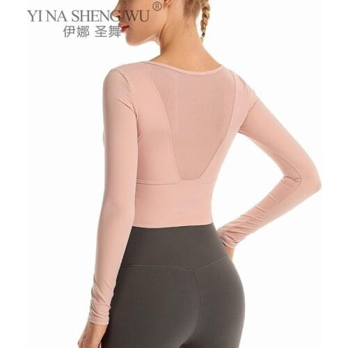 Women Gym Yoga Tops Yoga Shirts Long Sleeve Workout Fitness Run Sport With Chest Pad Net Yarn T-Shirts Training Yoga Sportswear