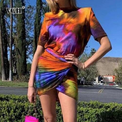 VGH Tie Dye Two Piece Set For Women O Neck Short Sleeve T Shirts High Waist Drawstring Mini Skirts Casual Sets Female 2021 Style