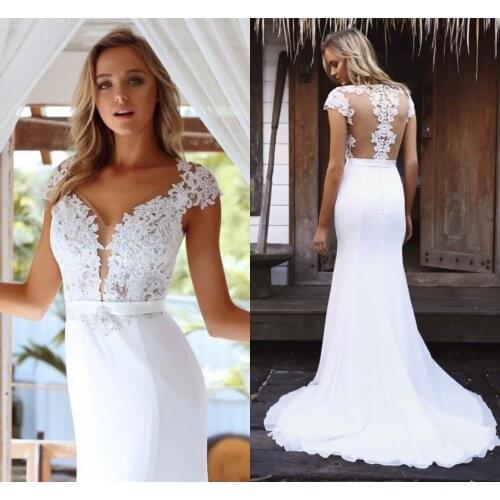 Charming Cap Sleeve Lace Bride Wedding Dress 2021 V Neck Mermaid Long Bridal Gowns Sheer Back with Button Vestido De Mariee