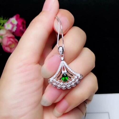 Fashion Fan Floral receptacle Natural green diopside Pendant necklace S925 silver Natural gemstone necklace women girl jewelery