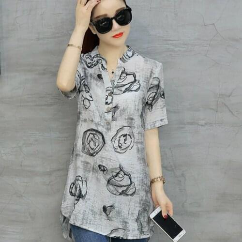 2021 Fashion Vintage Floral Print Blouses Womens Short Sleeve Plus Size Shirt Casual Cotton Linen Blusas Long Chemise Femme D532