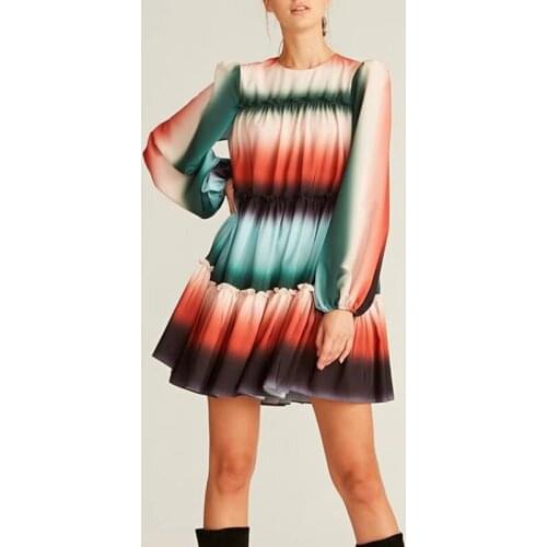 2021 Autumn Casual Dress Women Color Matching Lantern Sleeve Ruffles Fashion Design Holiday Party Dresses