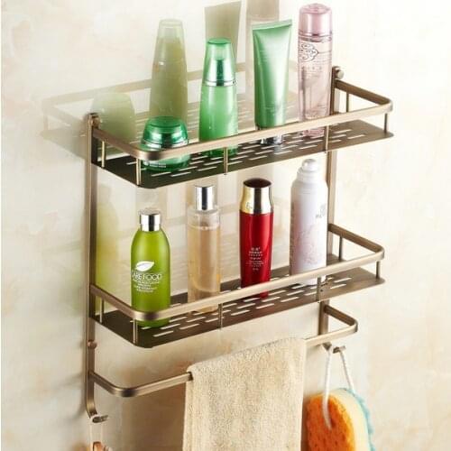 Antique brass Wall Mounted Bathroom Dual Tier Shower Shelf Storage Basket With Single Towel Holder Bathroom Accessory mba527