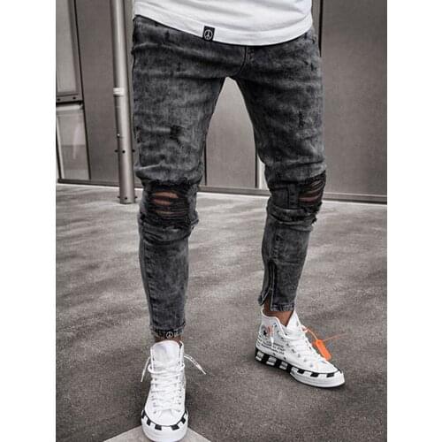 Denim Ripped Denim Pants Side Stripe Pencil Pants Hip Hop Streetwear High-Elastic Men Skinny Jeans Biker Destroyed Frayed Fit