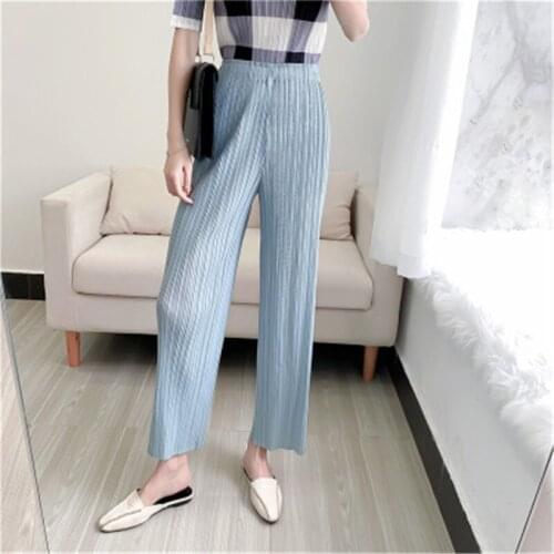 2021 spring and summer new casual pants fashion simple loose comfortable stretch Miyake fold straight nine-point pants womens