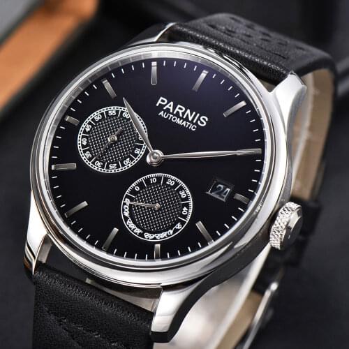 Parnis 43mm Mens Watch Black Dial Automatic Mechanical Luxury Brand Fashion Power Reserve Waterproof Wristwatch Men