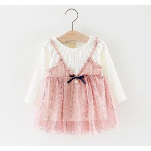 2019 Baby girls autumn dress clothing children cute fake 2 pieces patchwork mesh princess dress for girls 1-2 Years