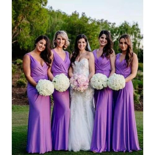 Long V-Neck A-Line Spandex Bridesmaid Dresses with Pockets Floor Length Zipper Back Purple Brautkleider Robes de Soirée for Lady