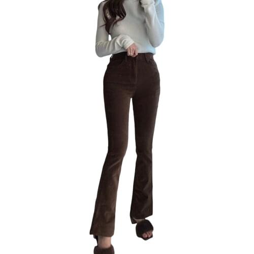 2021 New Female Jeans, Adults Solid Color High Waist Flared Trousers Long Pants for Spring Fall, Brown, S/M/L