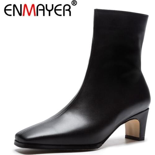 ENMAYER Women Ankle Boots Big Size 34-43 Causal Med Heels Thick Heel Fashion Boots Square Toe Shoes woman Zipper Leather CR1498