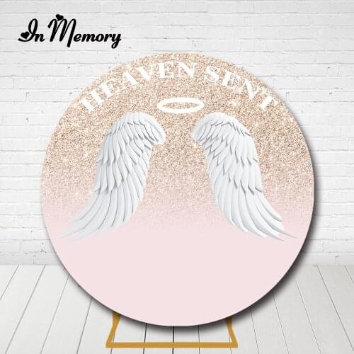 InMemory Pink Glitter Baby Angel Wings Round Backdrop Cover Girls Newborn Baby Shower Birthday Party Circle Background Elastic