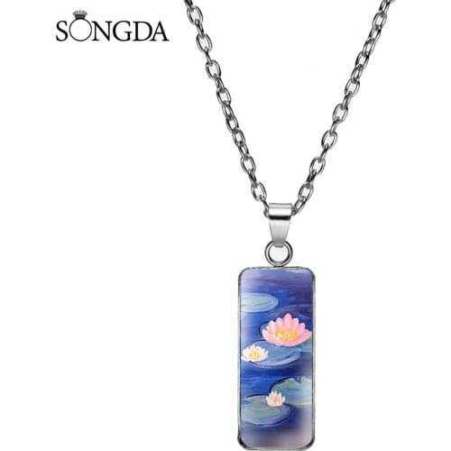 Classic Water Lily Statement Art Paintings Pattern Rectangular Necklace Handmade Glass Dome Necklaces For Women Jewelry Gifts