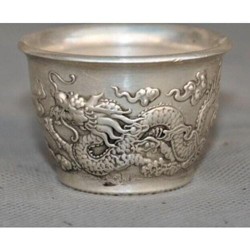 Collect China Tibetan silver Dragons DragonLoong statue Tea Bowl Wineglass cup