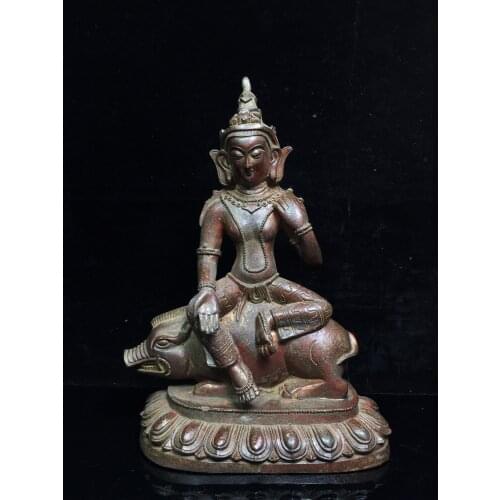 11"Tibet Temple Collection Old Bronze Cinnabar Mori Chiten Buddha Statue Guanyin riding pig statue Enshrine the Buddha Town Hous