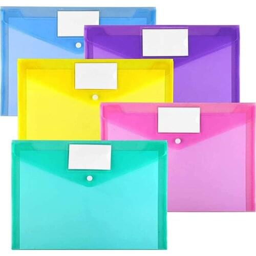 5 Pack A4 Letter Size Plastic Clear Folders File Envelopes with Label Pocket & Snap Button for Home Work Office Organization