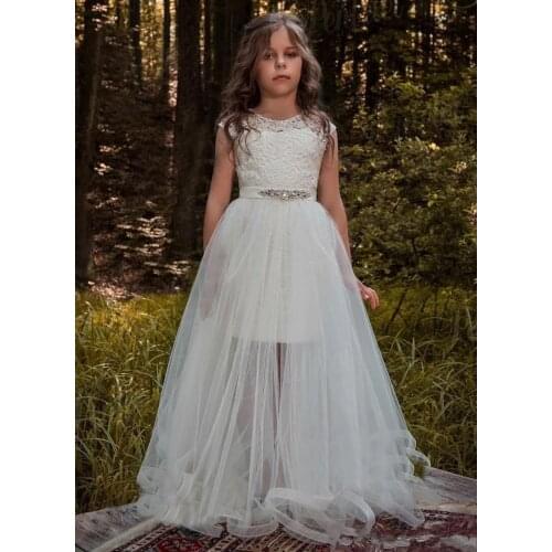 Lace Flower Girl Dresses With Removable Skirts for Wedding Party Beaded Waistline Childrens Birthday Party Gowns